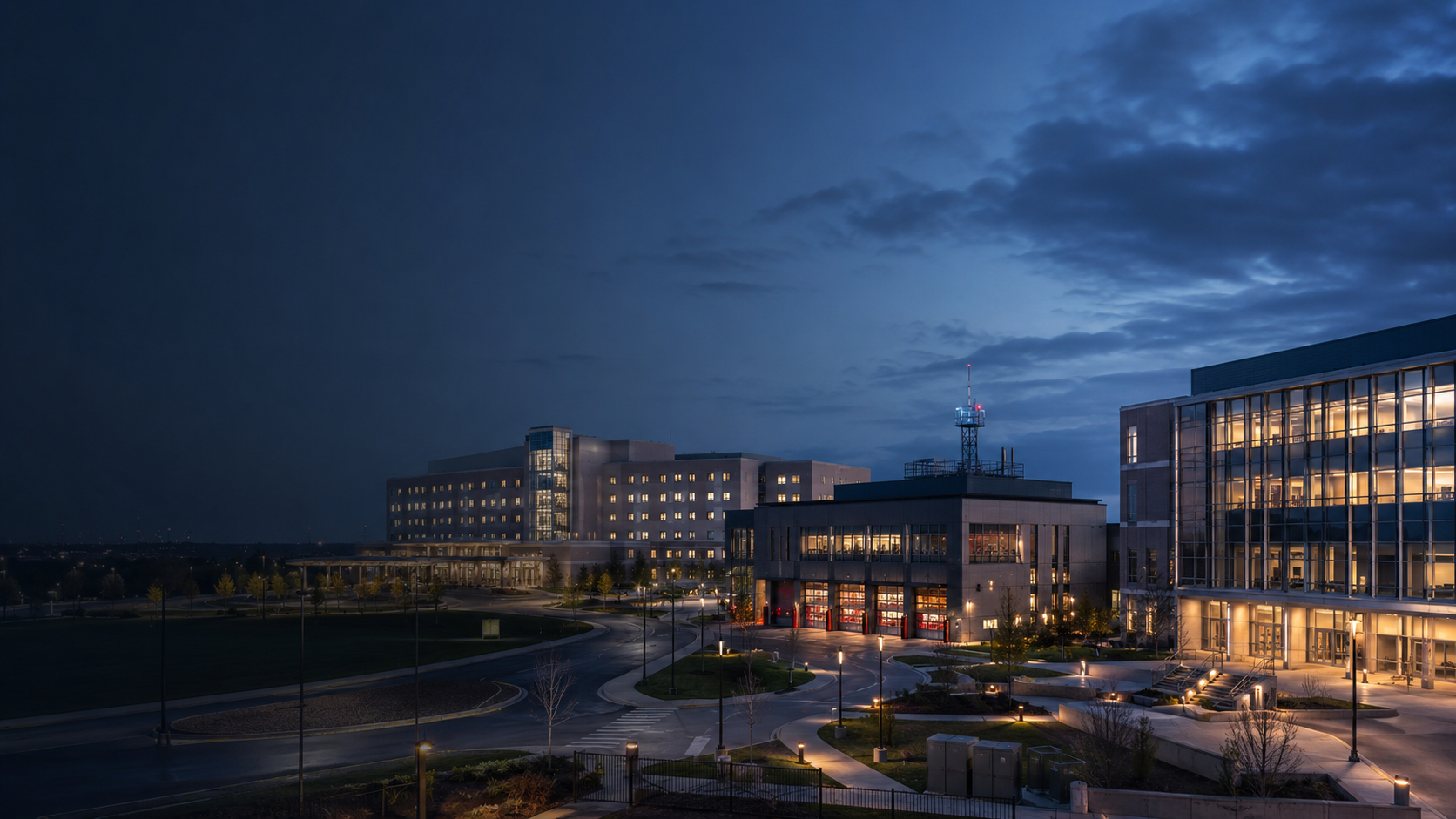 Modern healthcare campus with interconnected facilities and public spaces