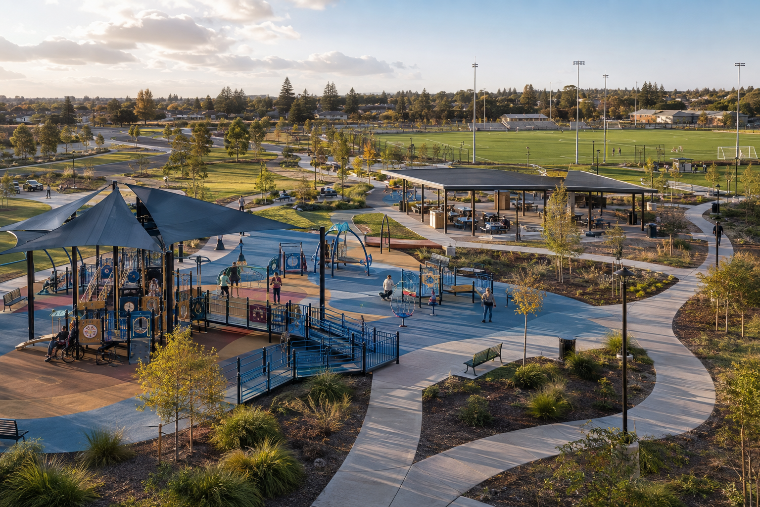 Regional park and recreation complex integrated into a broader community setting