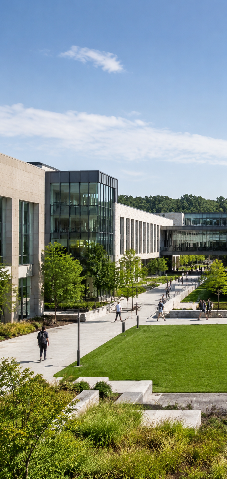 Contemporary education campus with academic, recreation, and circulation infrastructure